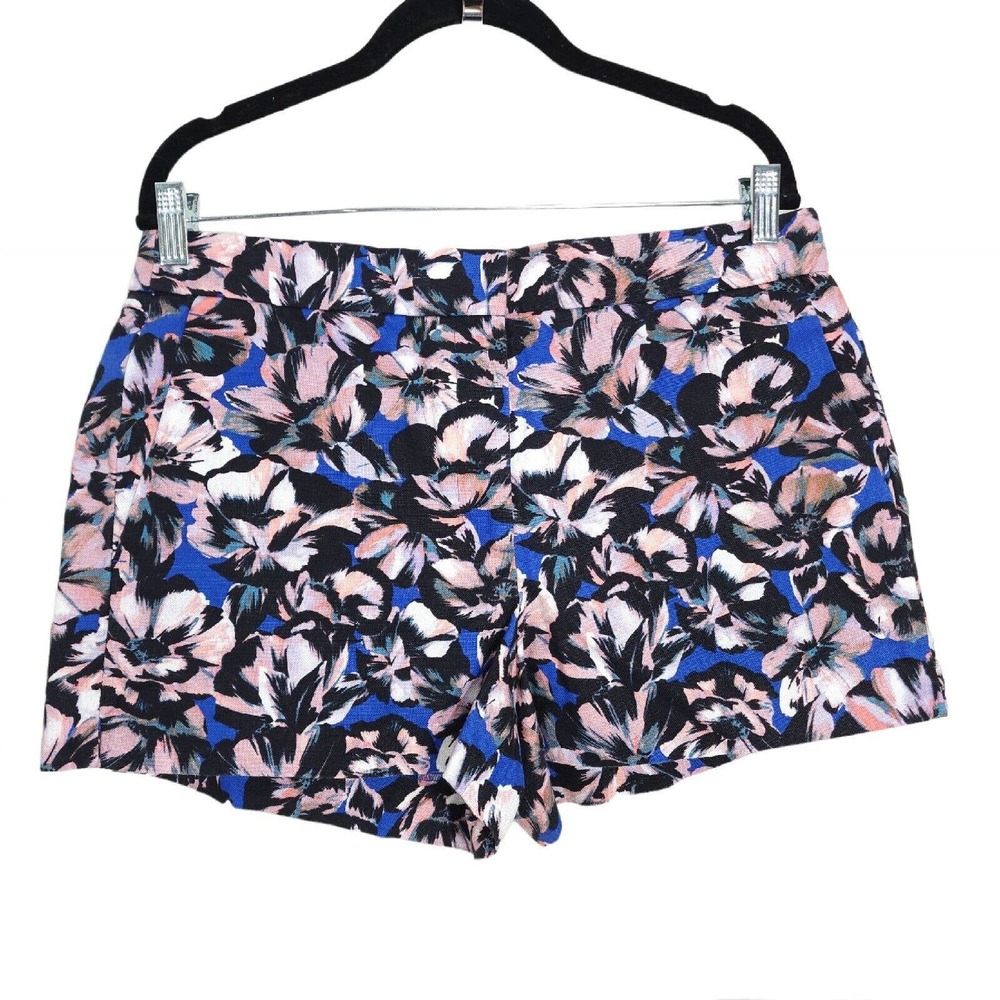 J Crew Womens Shorts Blue Pink Hibiscus Floral High Rise Linen Chino Size 10 M